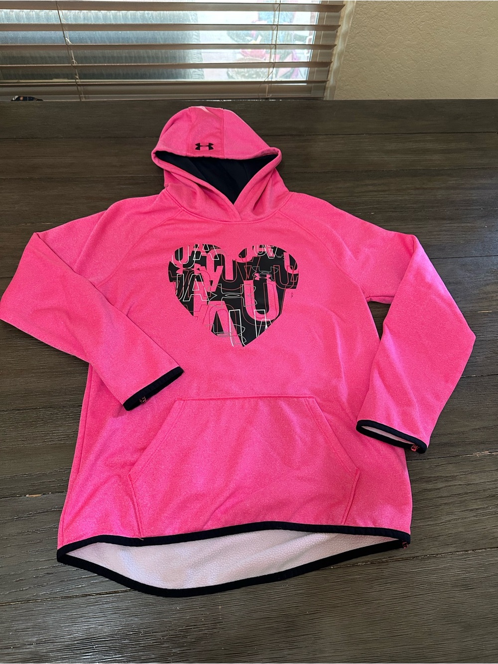 Under Armour YLG Girls' Hot Pink Hooded Pullover with Black Heart Logo